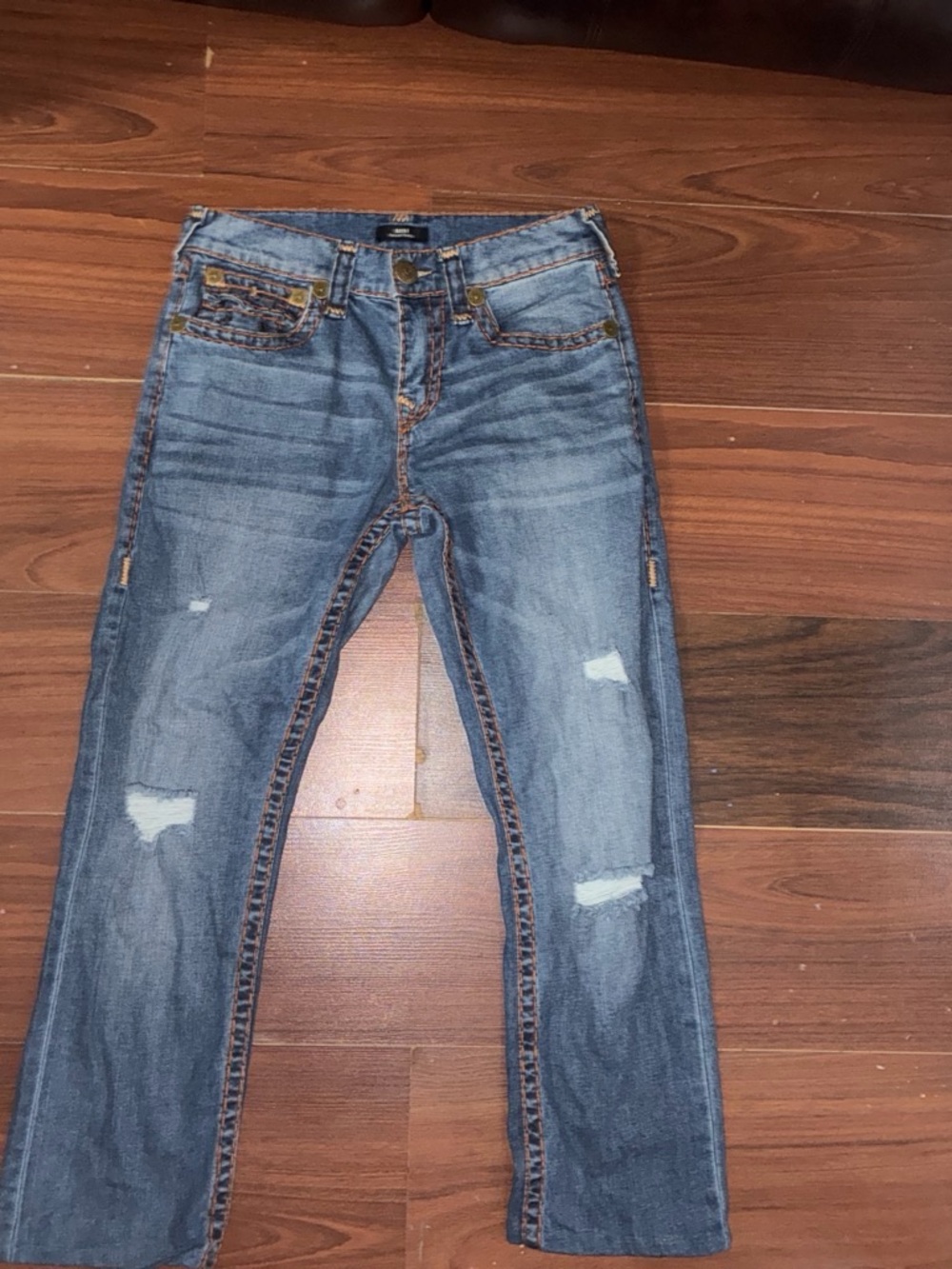 True Religion Distressed Light Blue Straight Leg Jeans